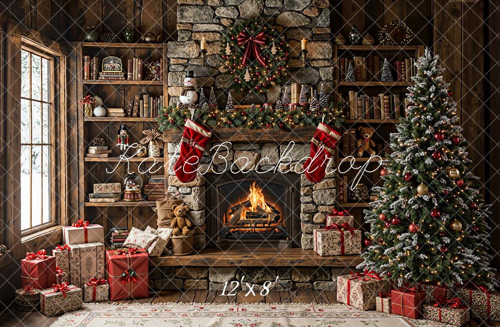 Kate Christmas Fireplace Tree Rustic Fleece Backdrop Designed by Emetselch - Image 4