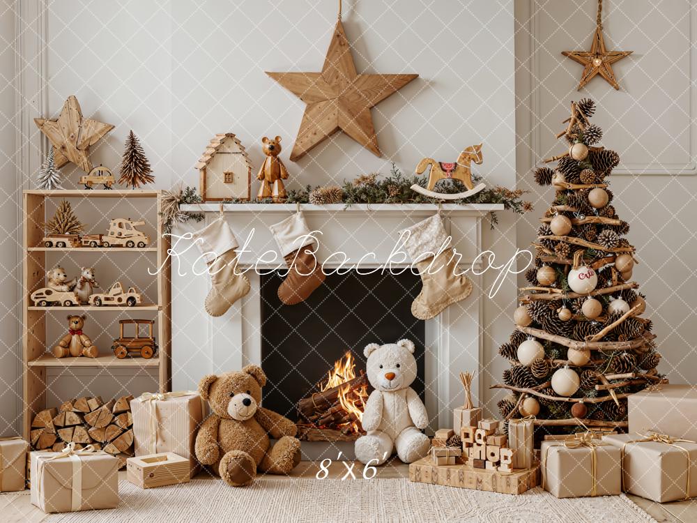 Kate Christmas Fireplace Tree Toys Fleece Backdrop Designed by Emetselch