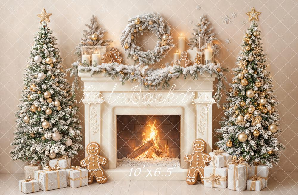 Kate Christmas Fireplace Trees Gingerbread Wreath Fleece Backdrop Designed by Emetselch