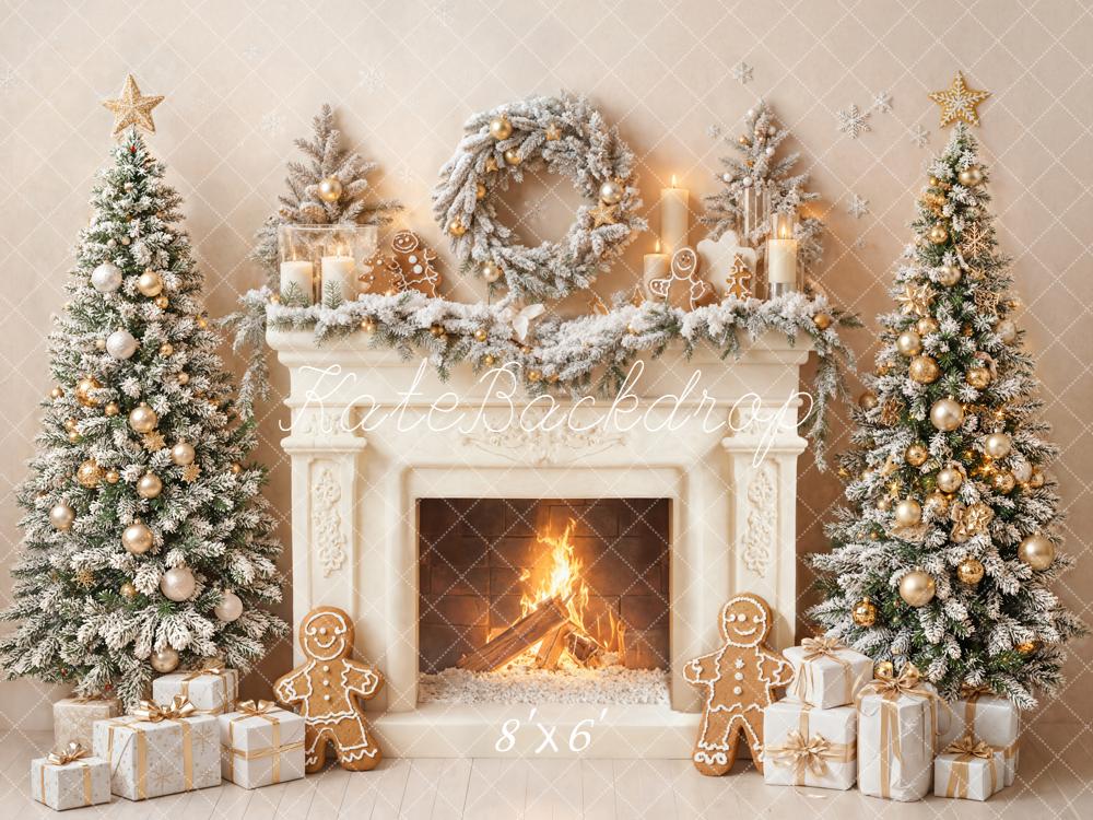 Kate Christmas Fireplace Trees Gingerbread Wreath Fleece Backdrop Designed by Emetselch - Image 2