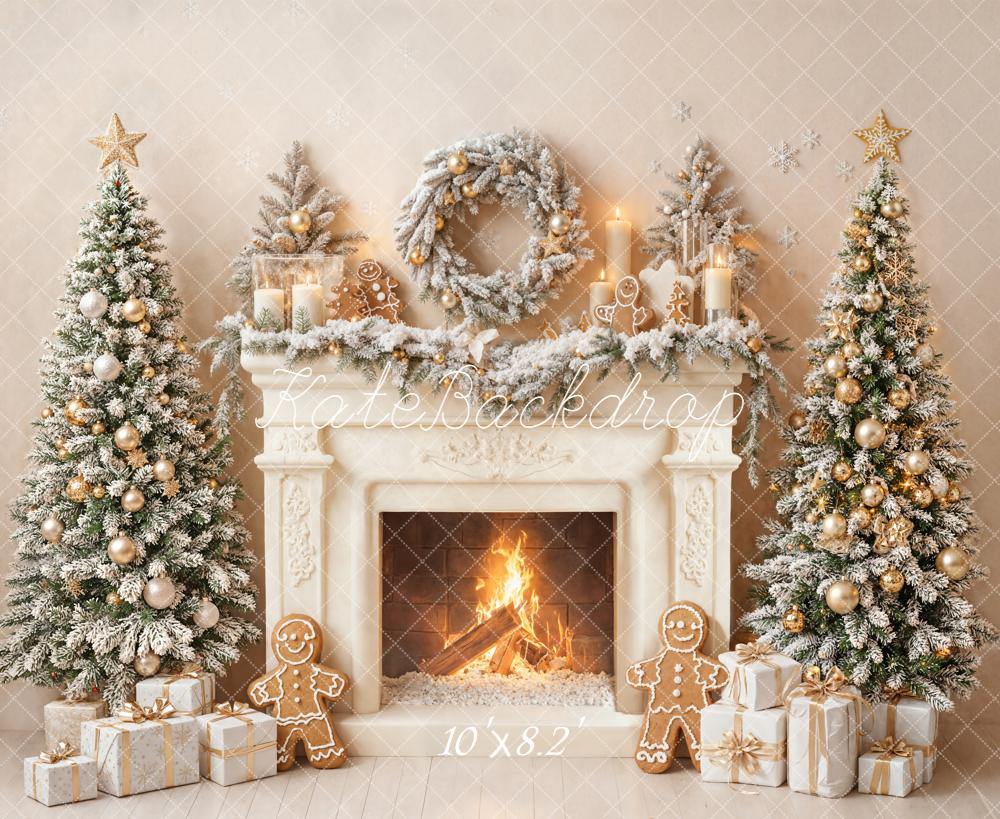 Kate Christmas Fireplace Trees Gingerbread Wreath Fleece Backdrop Designed by Emetselch - Image 3