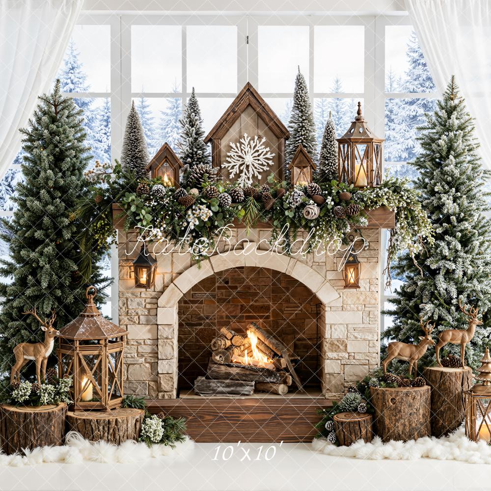 Kate Christmas Fireplace Trees Reindeer Backdrop Designed by Emetselch - Image 7