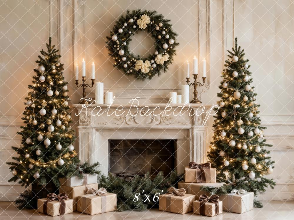 Kate Christmas Fireplace Trees Wreath Fleece Backdrop Designed by Emetselch