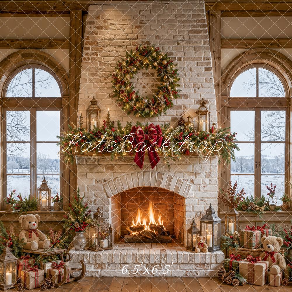 Kate Christmas Fireplace Window Teddy Bears Backdrop Designed by Emetselch - Image 2