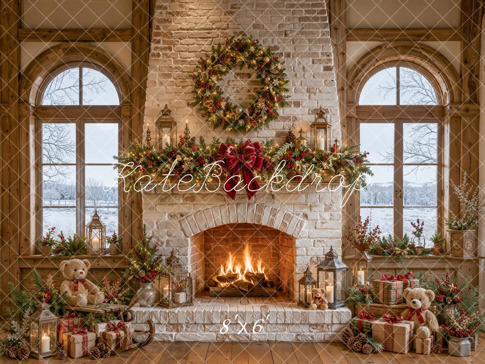Kate Christmas Fireplace Window Teddy Bears Backdrop Designed by Emetselch - Image 3