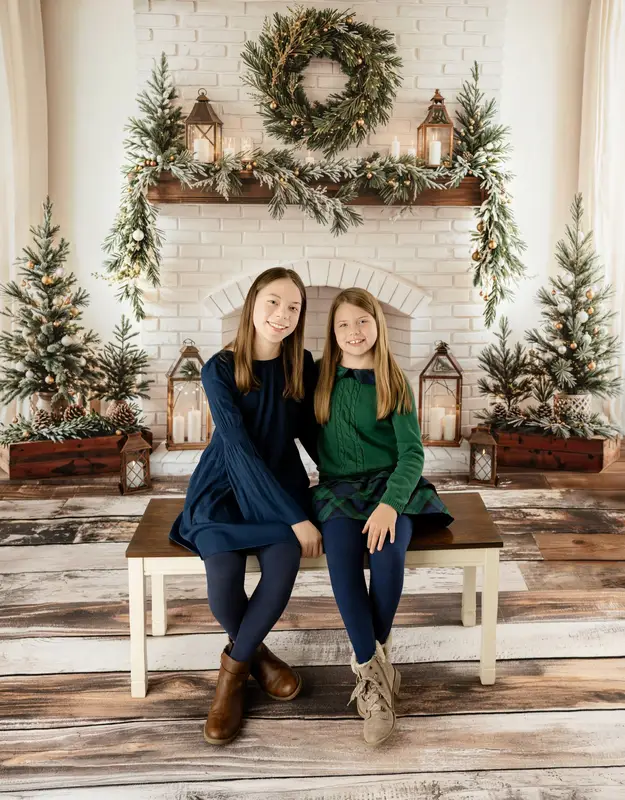 Kate Christmas Fireplace Wreath Brick Wall Backdrop+Light Retro Wood Floor Backdrop - Image 3