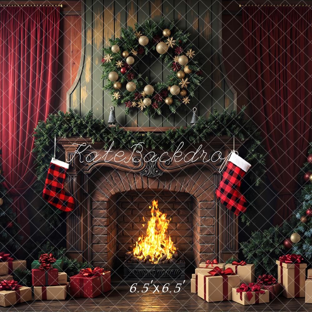 Kate Christmas Fireplace Wreath Stockings Trees Backdrop Designed by Mini MakeBelieve - Image 2