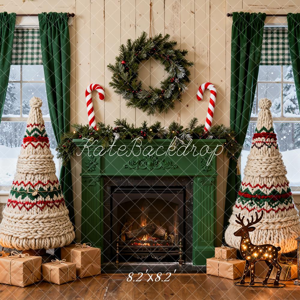 Kate Christmas Fireplace Yarn Trees Presents Backdrop Designed by Emetselch - Image 5