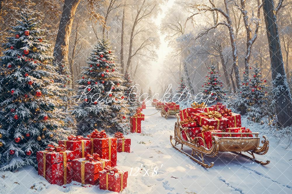 Kate Christmas Forest Sleigh Presents Fleece Backdrop Designed by Emetselch - Image 4