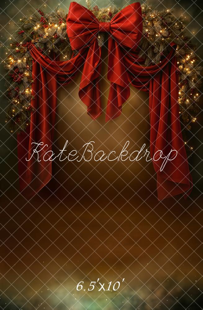 Kate Christmas Garland Red Drapes Bow Fleece Backdrop Designed by Chain Photography - Image 2