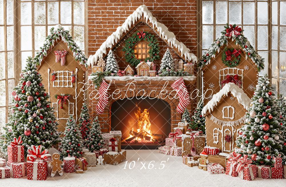 Kate Christmas Gingerbread Fireplace Tree Gifts Fleece Backdrop Designed by Emetselch - Image 2