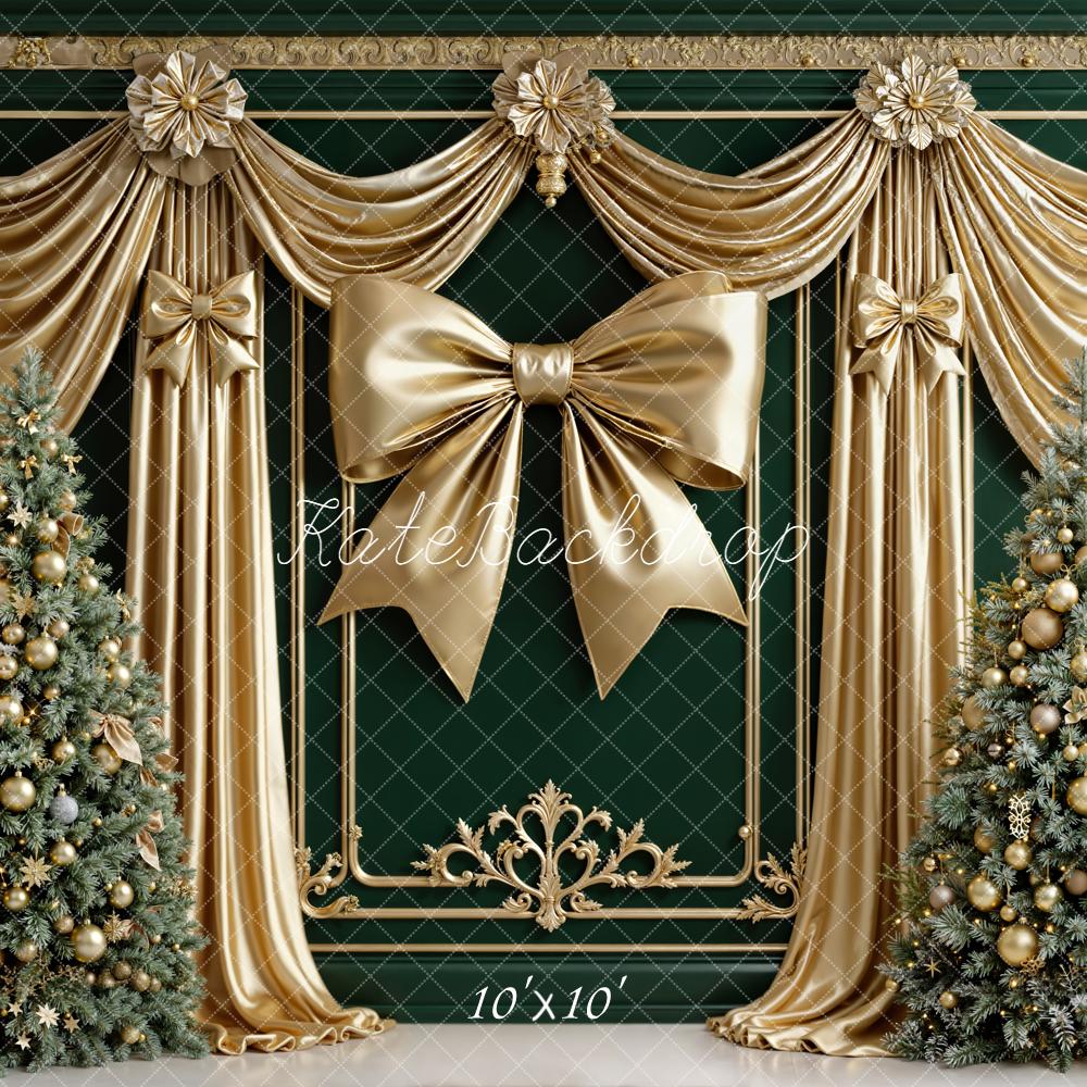 Kate Christmas Gold Drapes Bow Green Trees Backdrop Designed by Emetselch - Image 7