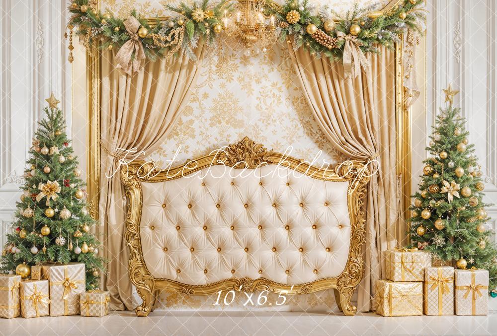 Kate Gold Christmas Headboard Curtains Fleece Backdrop Designed by Emetselch