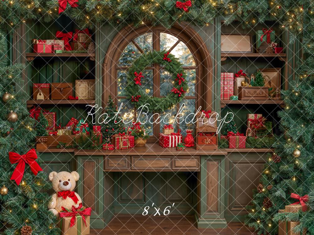 Kate Christmas Green Garland Window Gifts Fleece Backdrop Designed by Emetselch