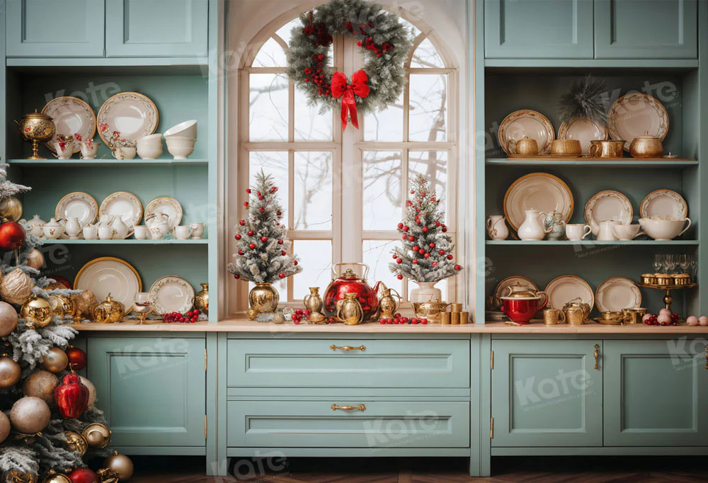 Kate Light Green Christmas Kitchen Backdrop for Photography