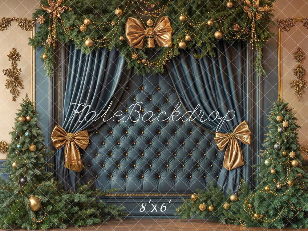 Kate Christmas Blue Headboard Gold Bows Fleece Backdrop Designed by Emetselch