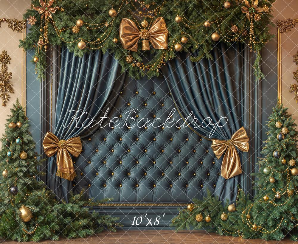 Kate Christmas Blue Headboard Gold Bows Fleece Backdrop Designed by Emetselch - Image 3
