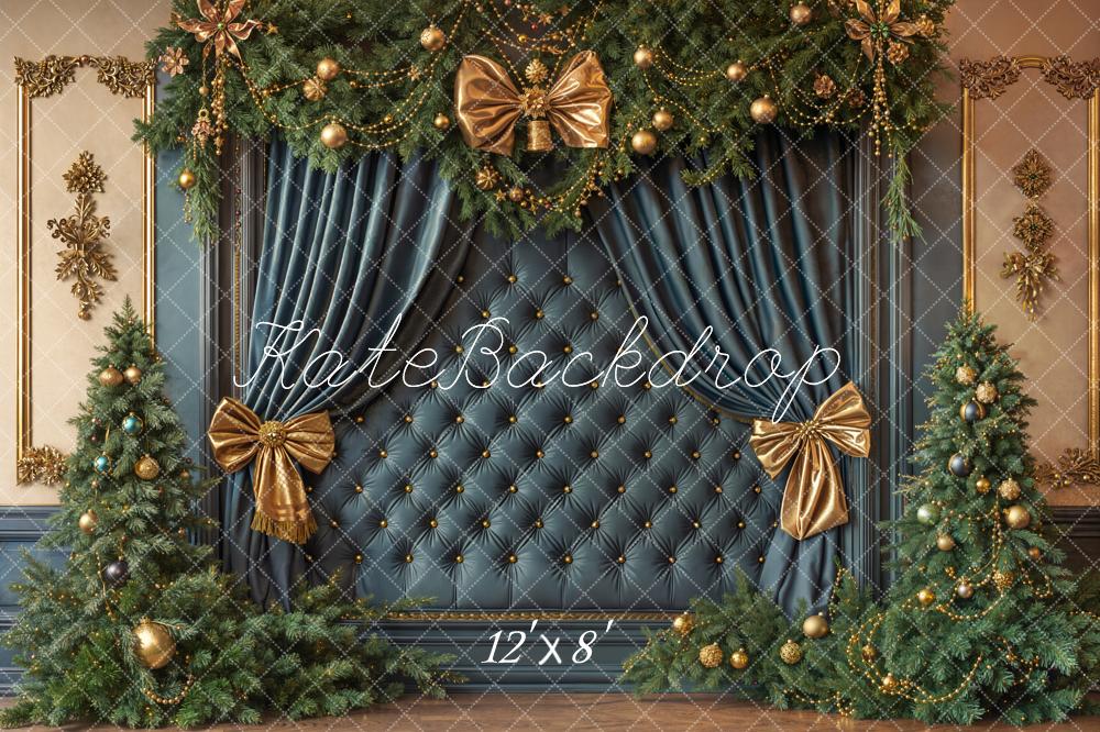 Kate Christmas Blue Headboard Gold Bows Fleece Backdrop Designed by Emetselch - Image 4
