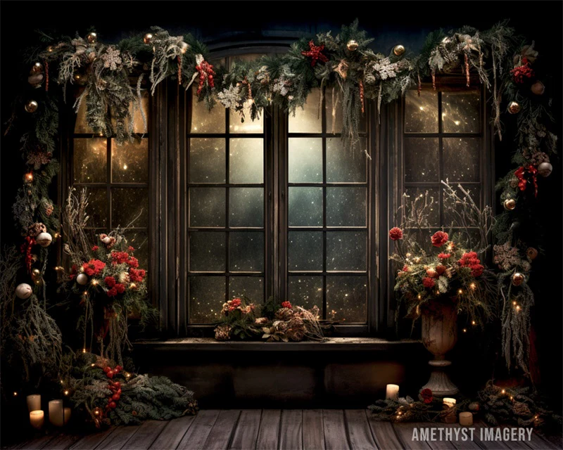 Kate Christmas Holly Window Black Wall Backdrop Designed by Angela Marie Photography - Image 6