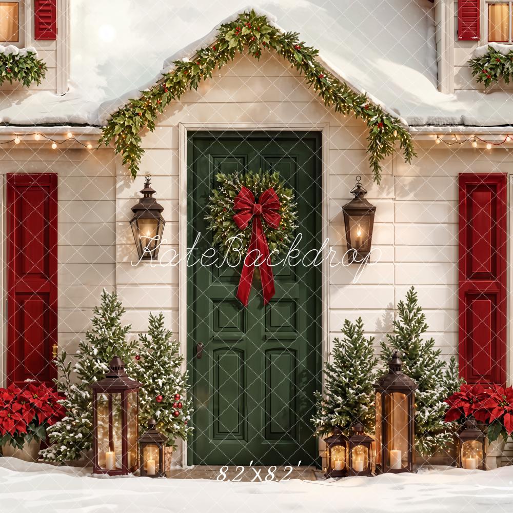 Kate Christmas House Green Door Wreath Backdrop Designed by Emetselch - Image 5