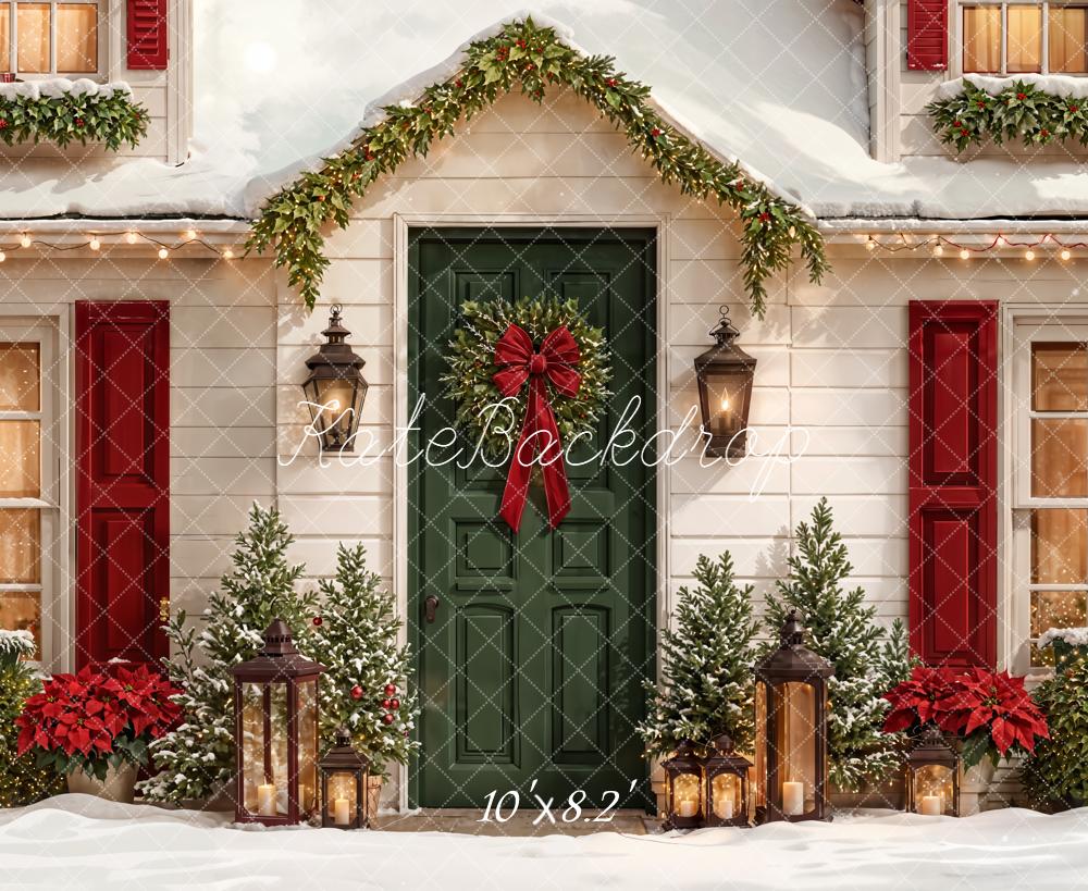 Kate Christmas House Green Door Wreath Backdrop Designed by Emetselch - Image 6