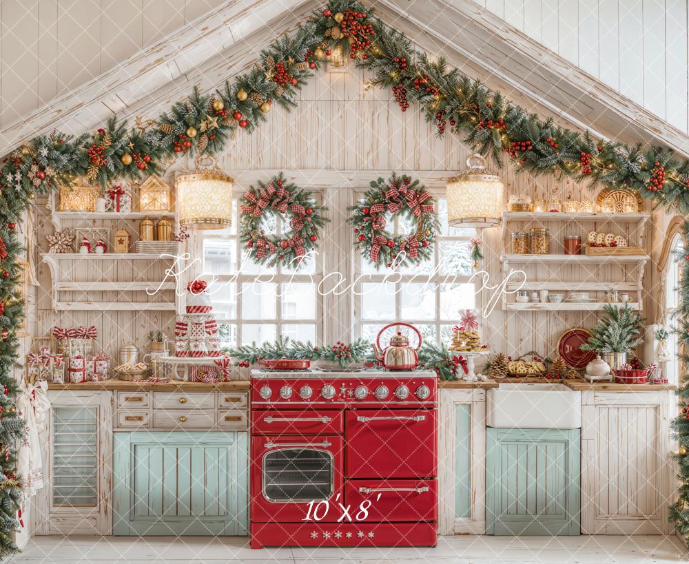 Kate Christmas Kitchen Garland Red Oven Fleece Backdrop Designed by Emetselch - Image 3
