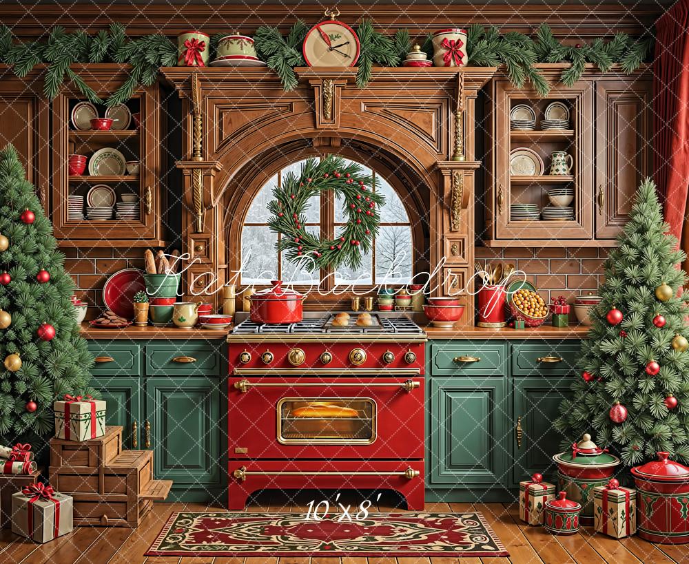 Kate Christmas Kitchen Trees Red Oven Fleece Backdrop Designed by Emetselch - Image 3