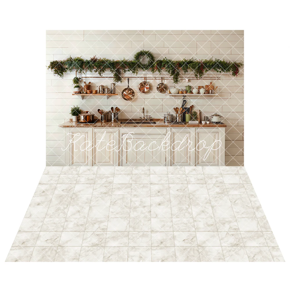 Kate Christmas Kitchen White Cabinets Backdrop+Ivory White Marble Floor Backdrop