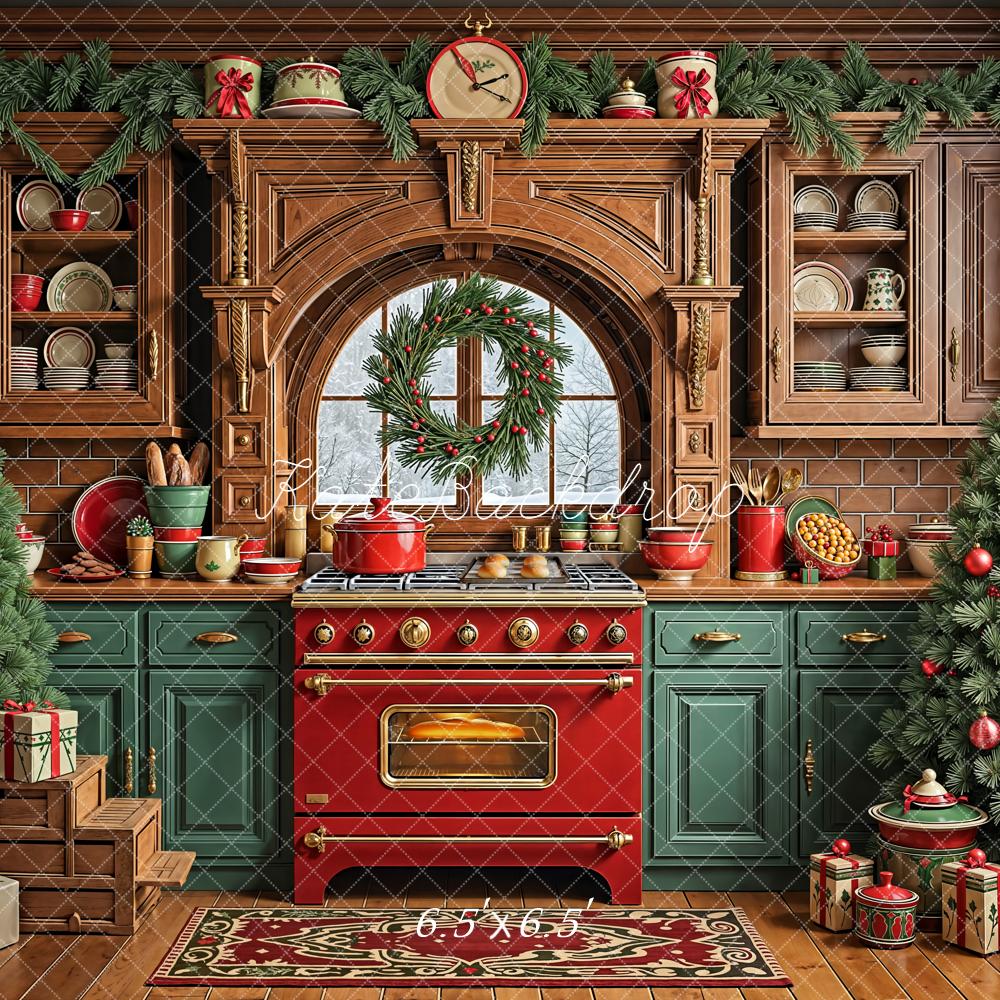 Kate Christmas Kitchen Wreath Decorated Trees Backdrop Designed by Emetselch - Image 2