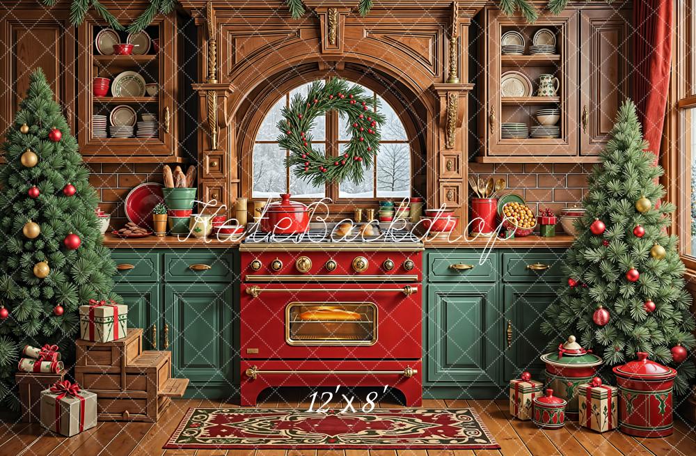 Kate Christmas Kitchen Wreath Decorated Trees Backdrop Designed by Emetselch - Image 8