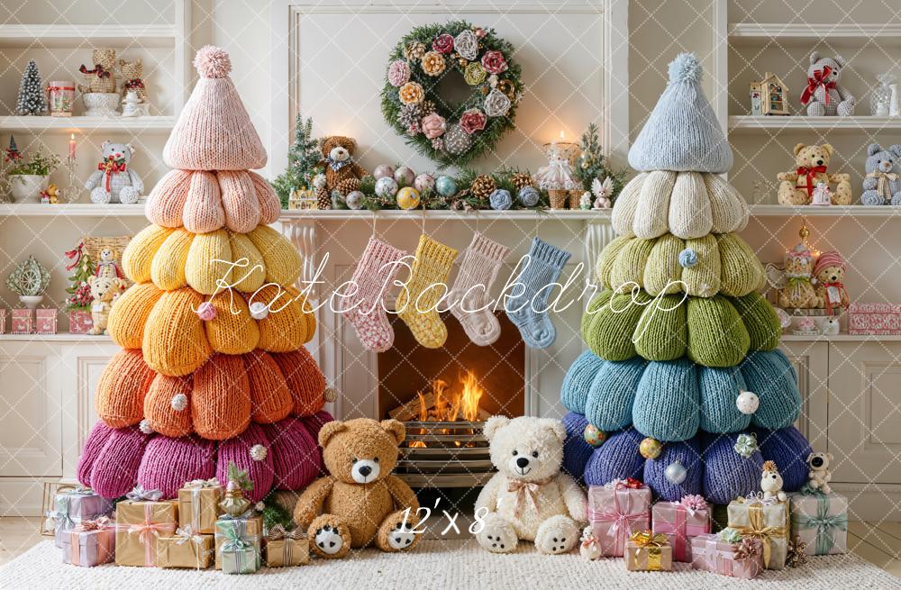Kate Christmas Knitted Trees Fireplace Fleece Backdrop Designed by Emetselch - Image 4