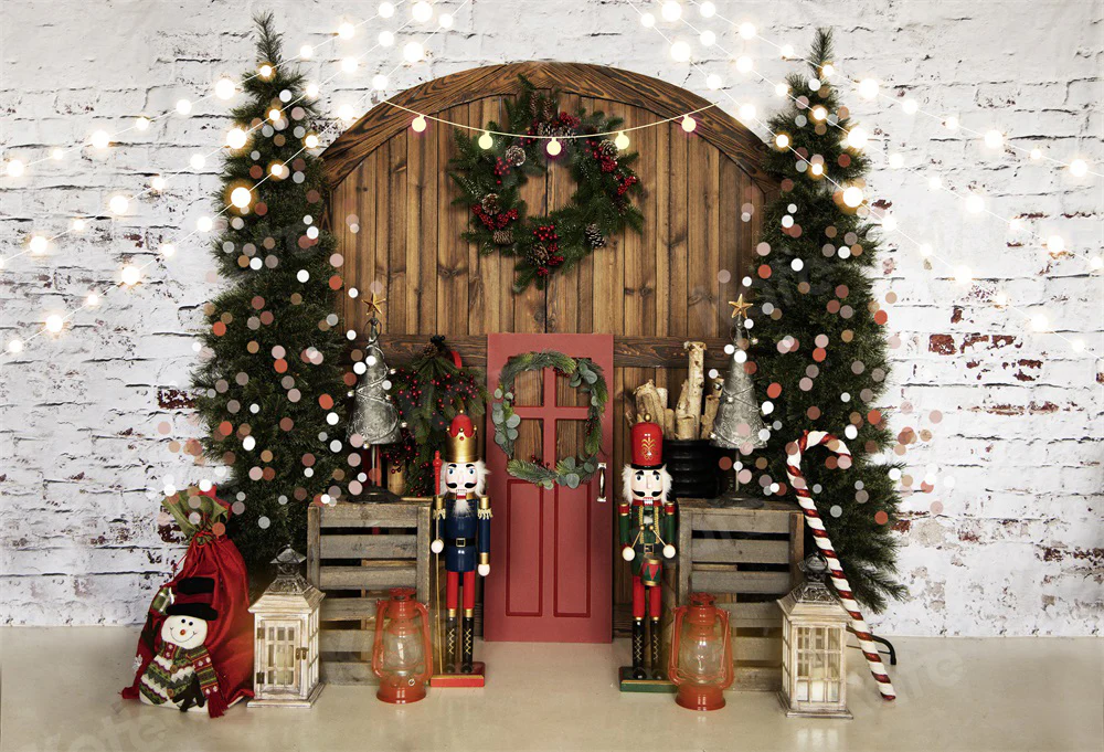 Kate Christmas Nutcracker Barn Door Brick Wall Backdrop for Photography