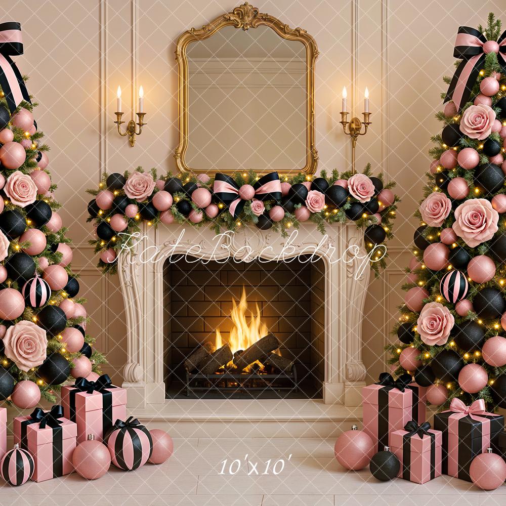 Kate Christmas Pink Black Trees Fireplace Backdrop Designed by Ashley Paul - Image 9