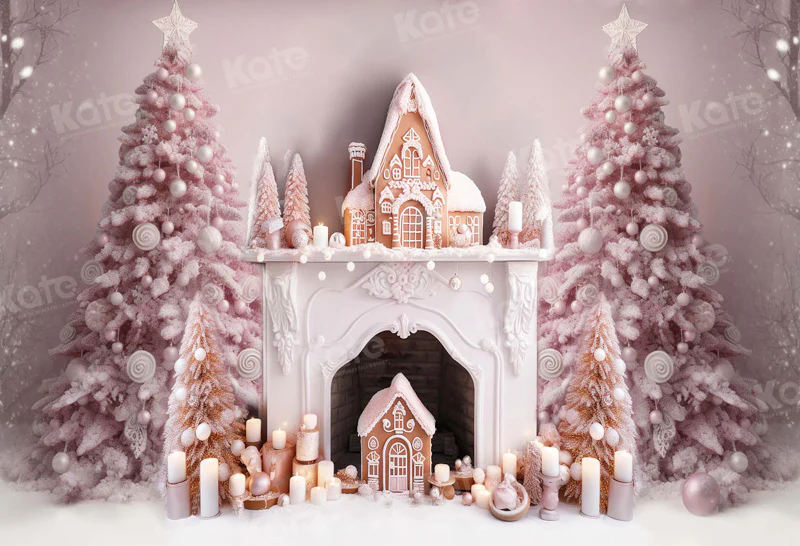 Kate Christmas Pink Tree Fireplace Gingerbread House Backdrop for Photography