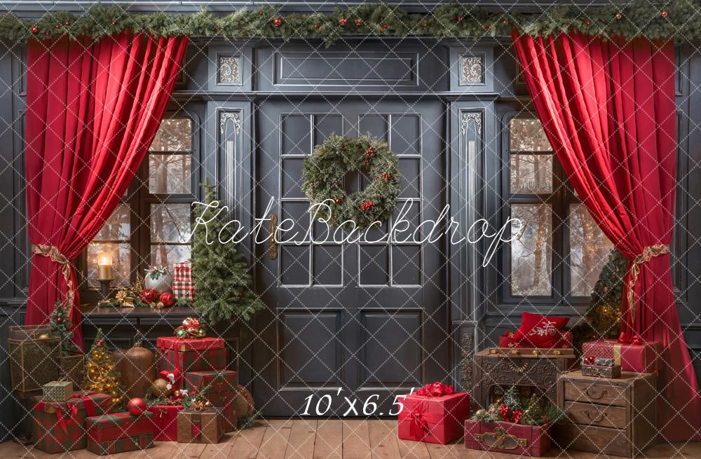 Kate Christmas Red Curtains Gifts Garland Fleece Backdrop Designed by Emetselch - Image 2