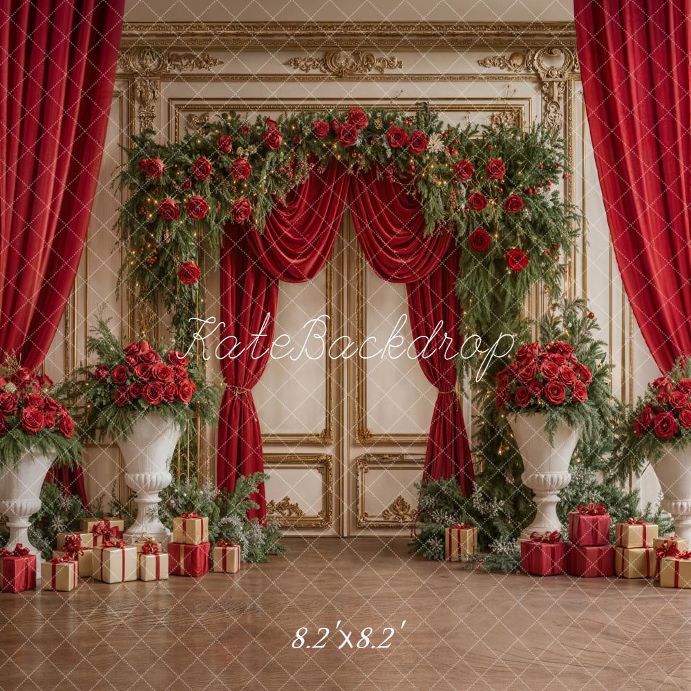 Kate Christmas Red Curtains Roses Gifts Backdrop Designed by Emetselch - Image 5