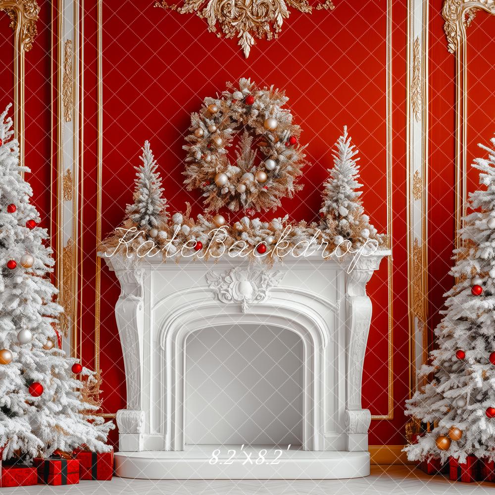 Kate Christmas Red Wall White Fireplace Trees Backdrop Designed by Patty Robert - Image 5