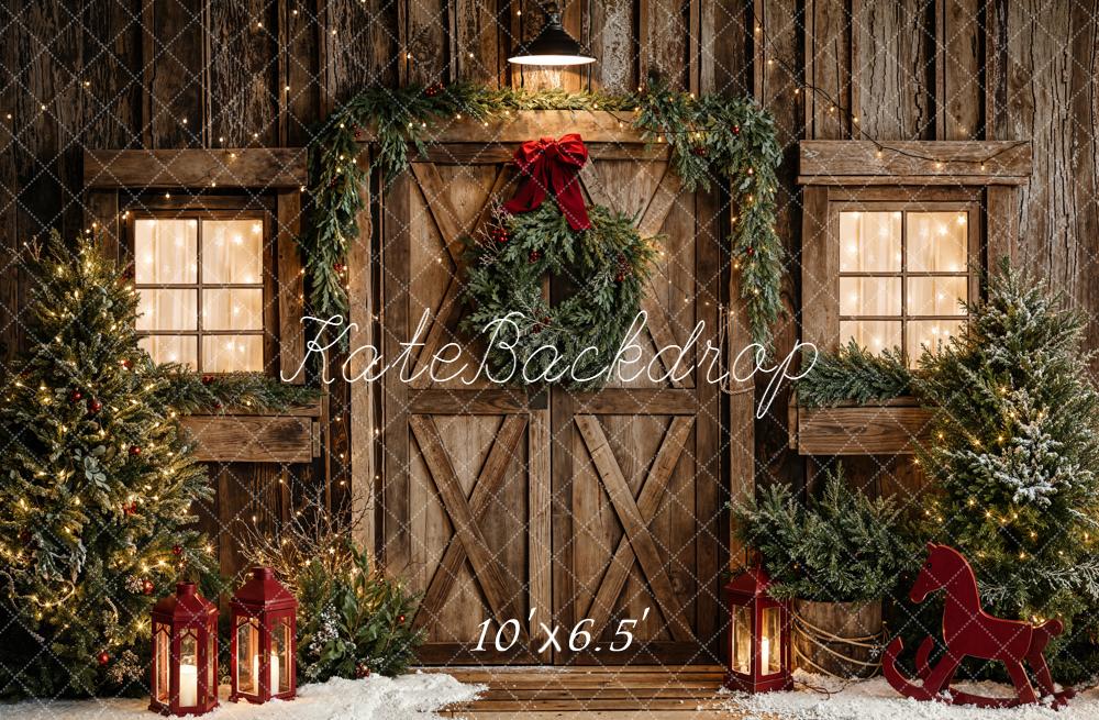 Kate Christmas Rustic Wooden Door Garland Fleece Backdrop Designed by Emetselch - Image 2