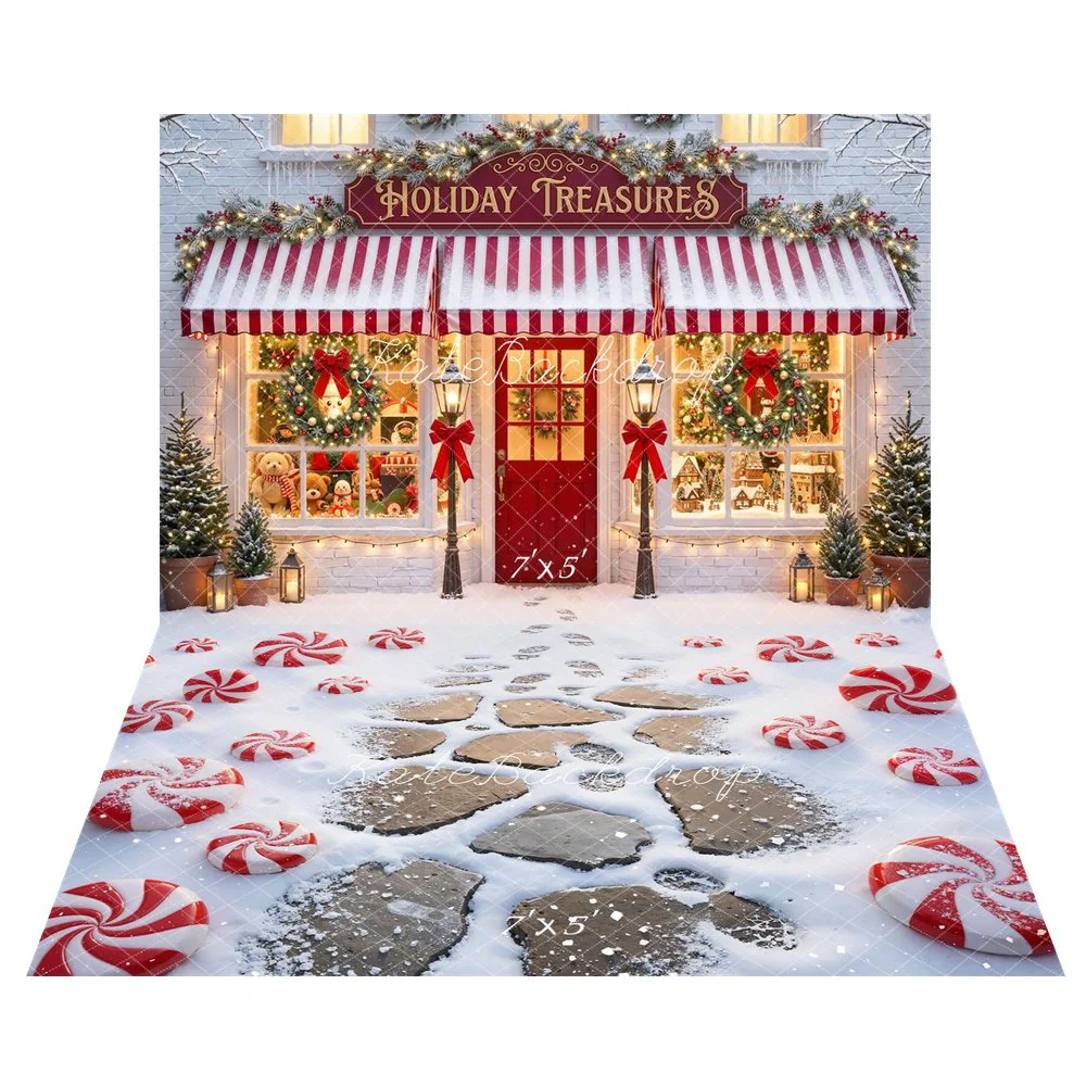 Kate Christmas Shop Window Wreath Backdrop+Peppermint Candy Stones Snow Backdrop - Image 3