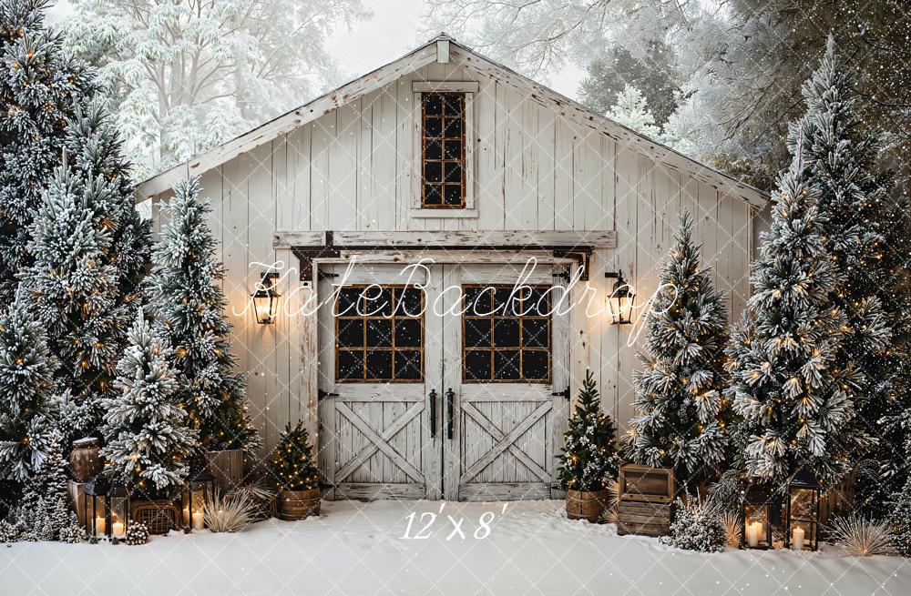 Kate Christmas Snowy Barn Trees Fleece Backdrop Designed by Emetselch - Image 4