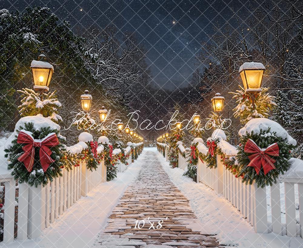 Kate Christmas Snowy Bridge Lanterns Fleece Backdrop Designed by Emetselch - Image 3