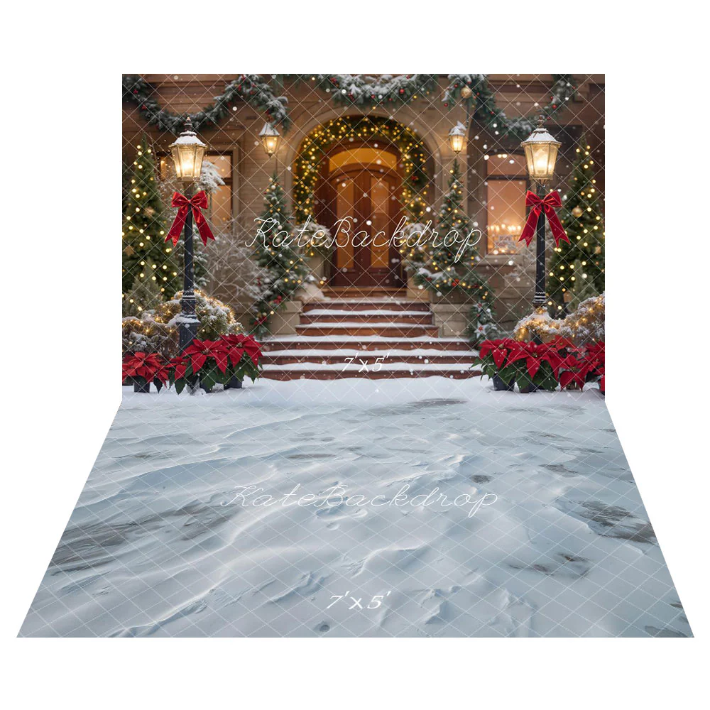 Kate Christmas Snowy Porch Garland Lamppost Backdrop+Winter Snowy Ground Floor Backdrop
