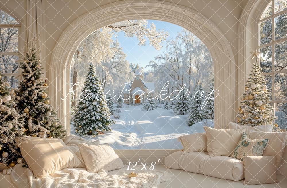 Kate Christmas Snowy Trees Window Sofa Fleece Backdrop Designed by Emetselch - Image 4
