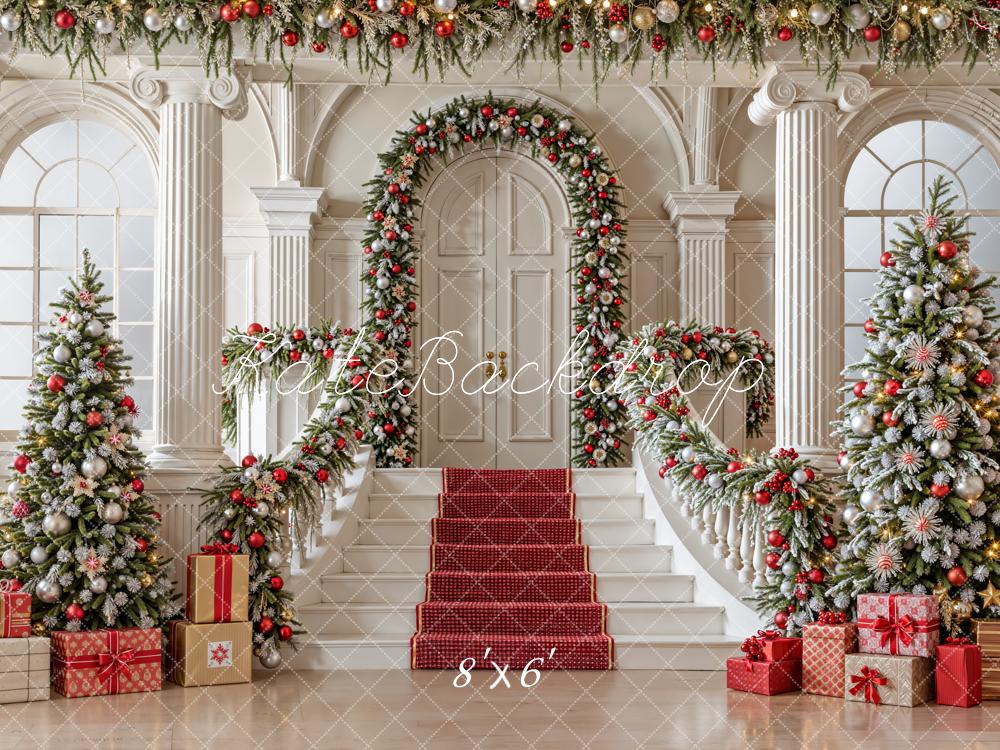 Kate Christmas Staircase Trees Presents Fleece Backdrop Designed by Emetselch
