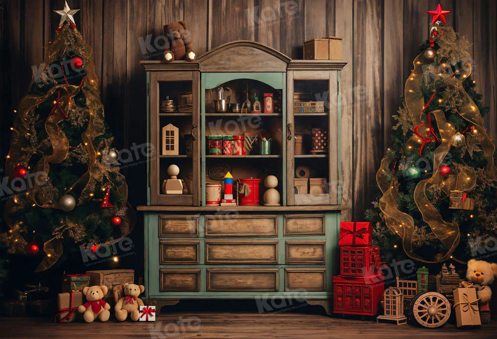 Kate Christmas Tree Bear Bookshelf Backdrop for Photography - Image 2