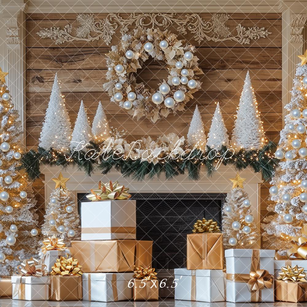 Kate Christmas Tree Fireplace Gold Gifts Backdrop Designed by Mini MakeBelieve - Image 2