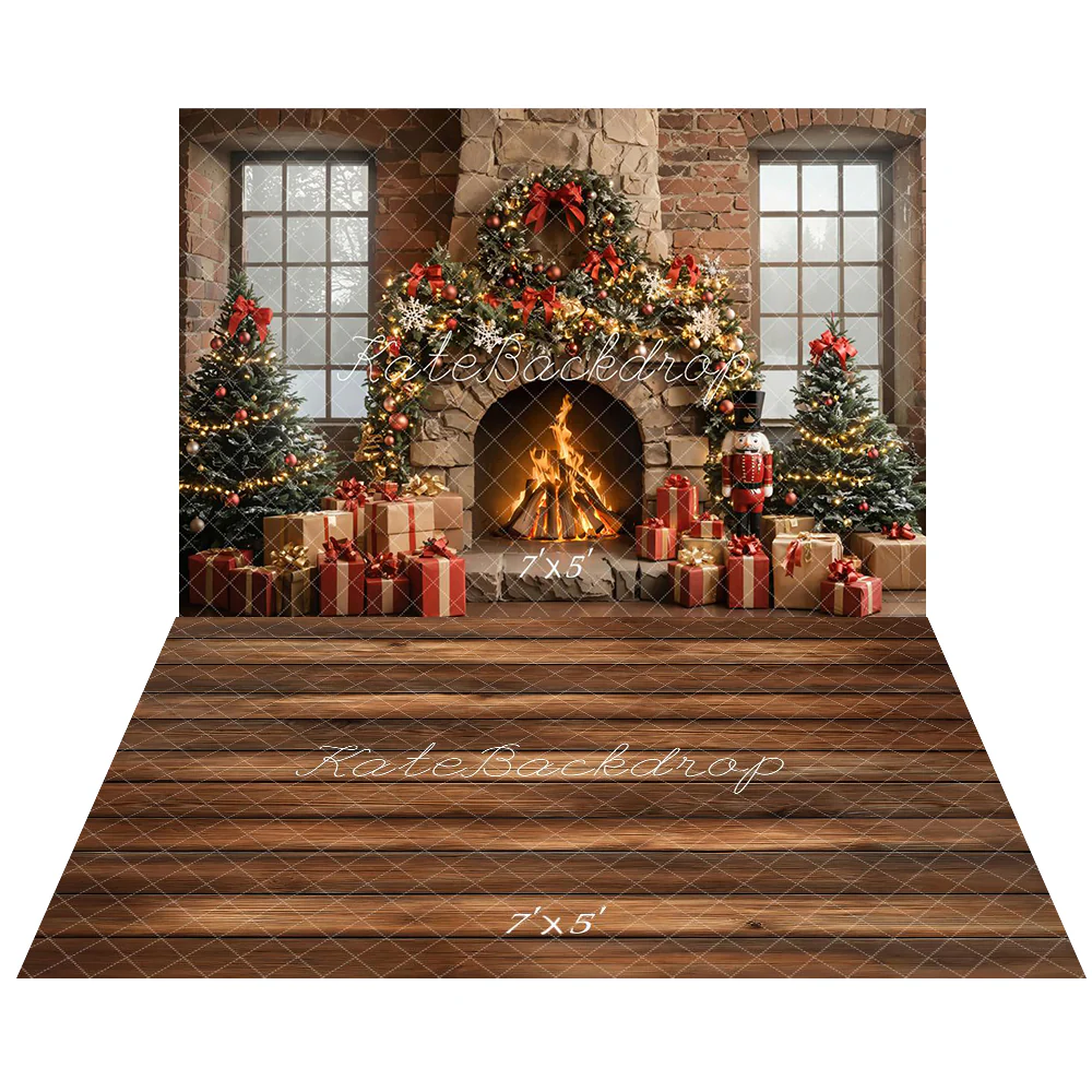 Kate Christmas Tree Fireplace Nutcracker Garland Backdrop+Brown Wood Floor Backdrop