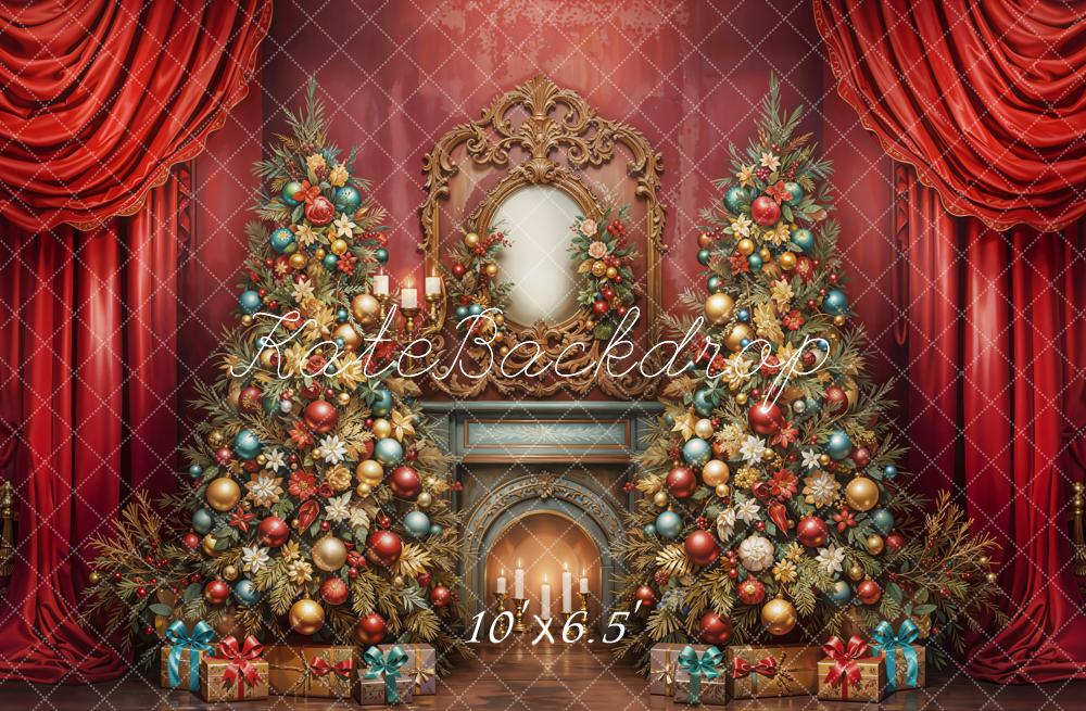 Kate Christmas Tree Fireplace Red Curtains Fleece Backdrop Designed by Emetselch - Image 2