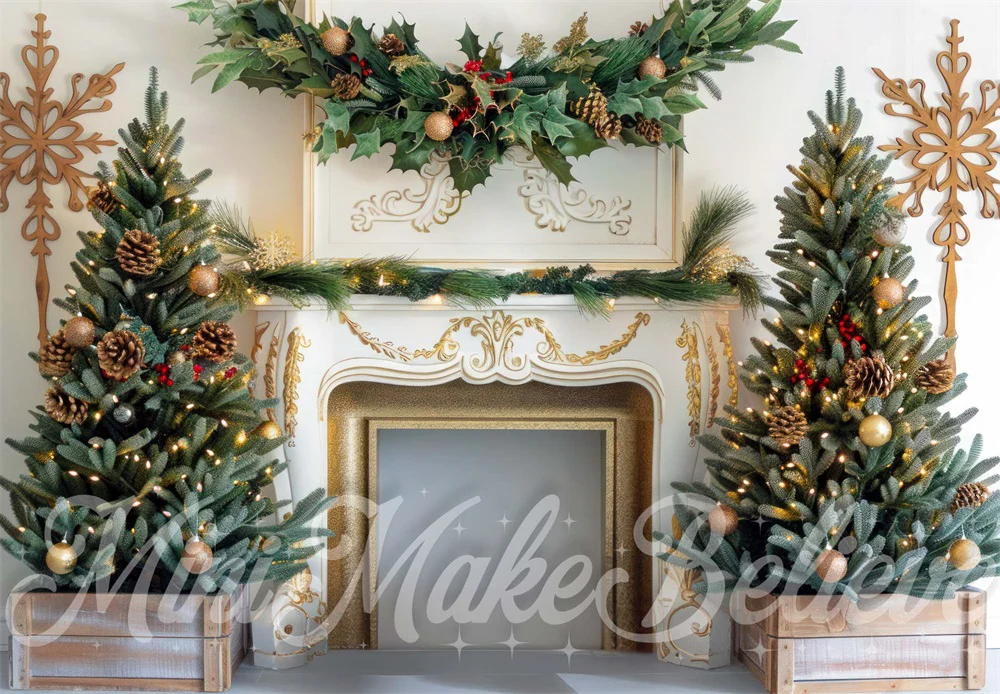 Kate Christmas Tree Golden White Fireplace Backdrop Designed by Mini MakeBelieve