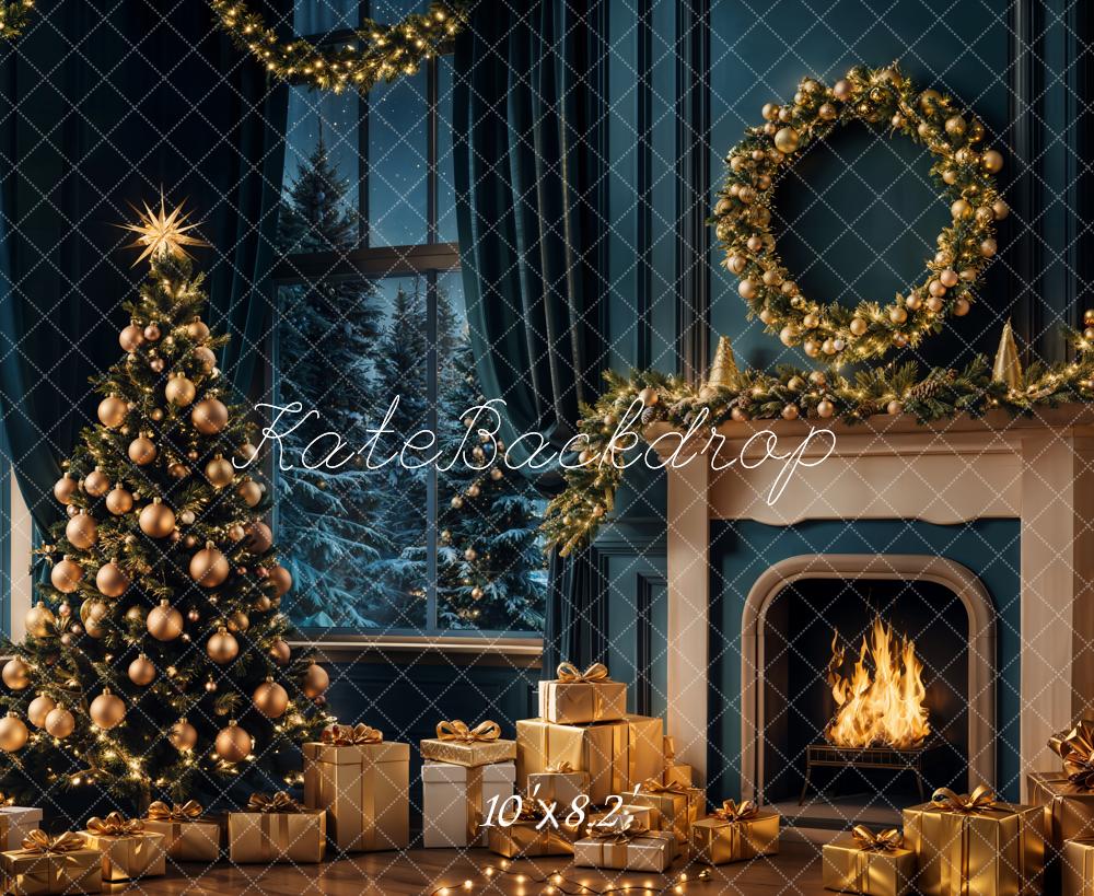 Kate Christmas Tree Night Fireplace Retro Backdrop Designed by Emetselch - Image 5